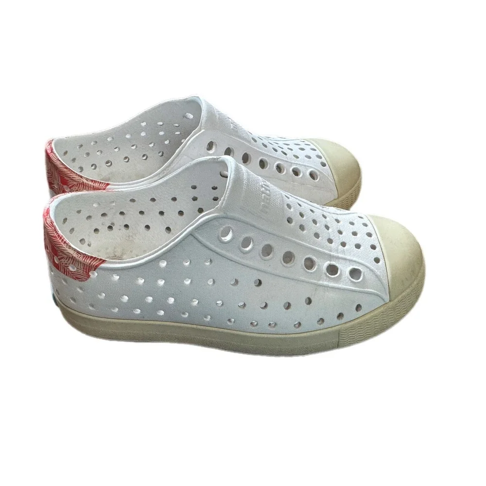 Native Jefferson Shoes Kids Size 8 White Good Tropical Palm Print‎ Slip On EVA